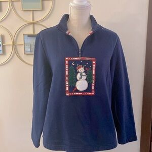 Breckenridge woman’s petite large cotton blend blue sweatshirt snowman 1/4zip